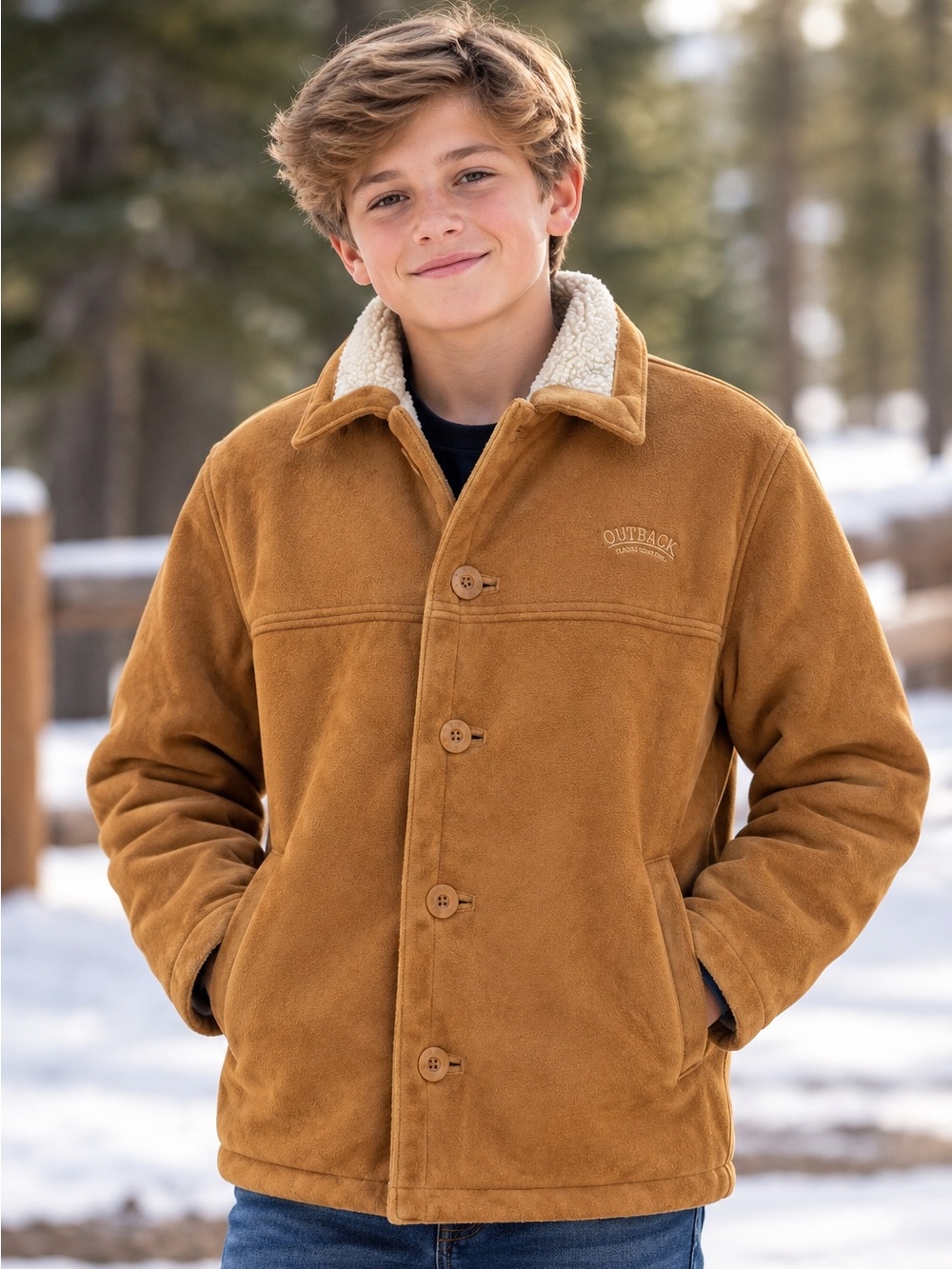 Outback Trading Plainsman Boys Jacket Youth L Tan Faux Suede Sherpa Lined